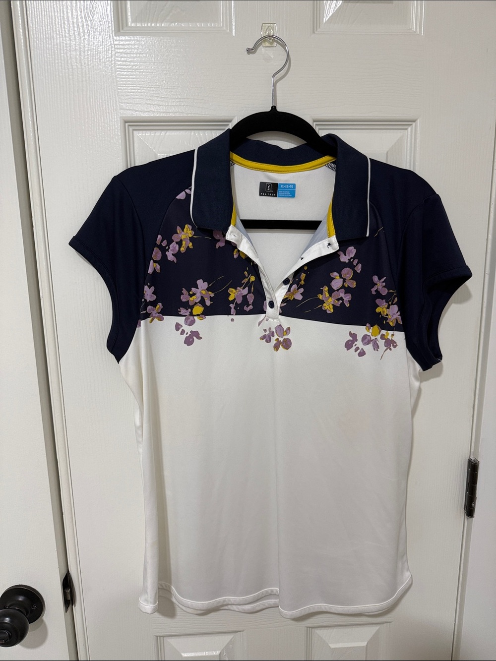 PGA Tour White Navy Floral Panel Button-Up Polo with Yellow Accents